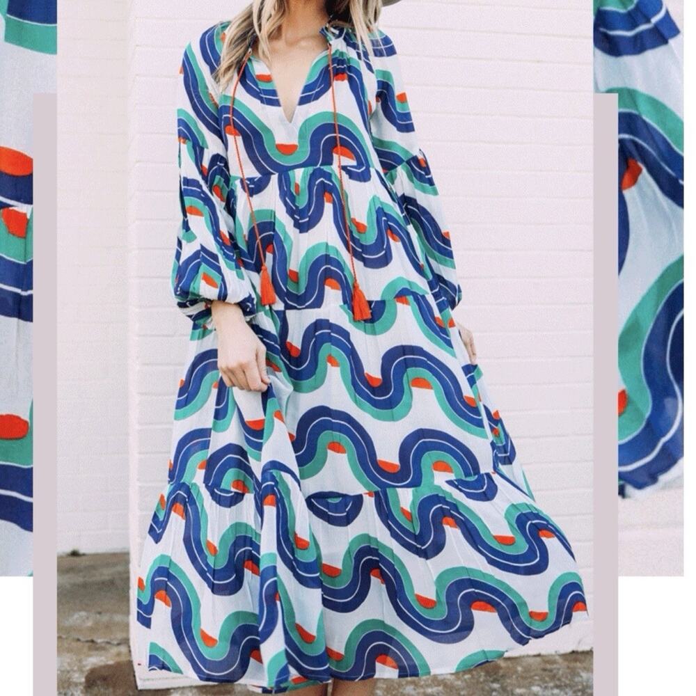 Oliphant Nouveau Retro Print Tiered Cotton Silk Blend Midi Dress Womens Size S
